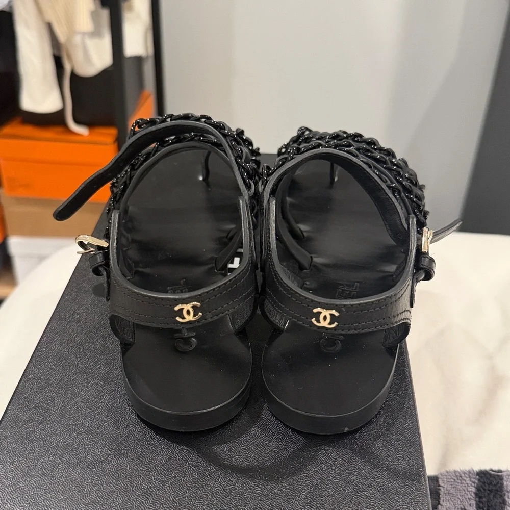 CHANEL Black Leather Chain-Strap Slingback Sandals